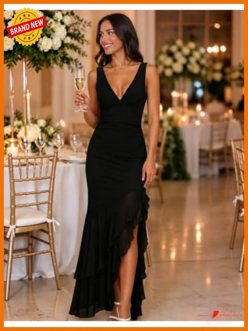 Women's Mermaid Ruffle Cocktail Maxi Dress V-Neck Sleeveless Formal Prom